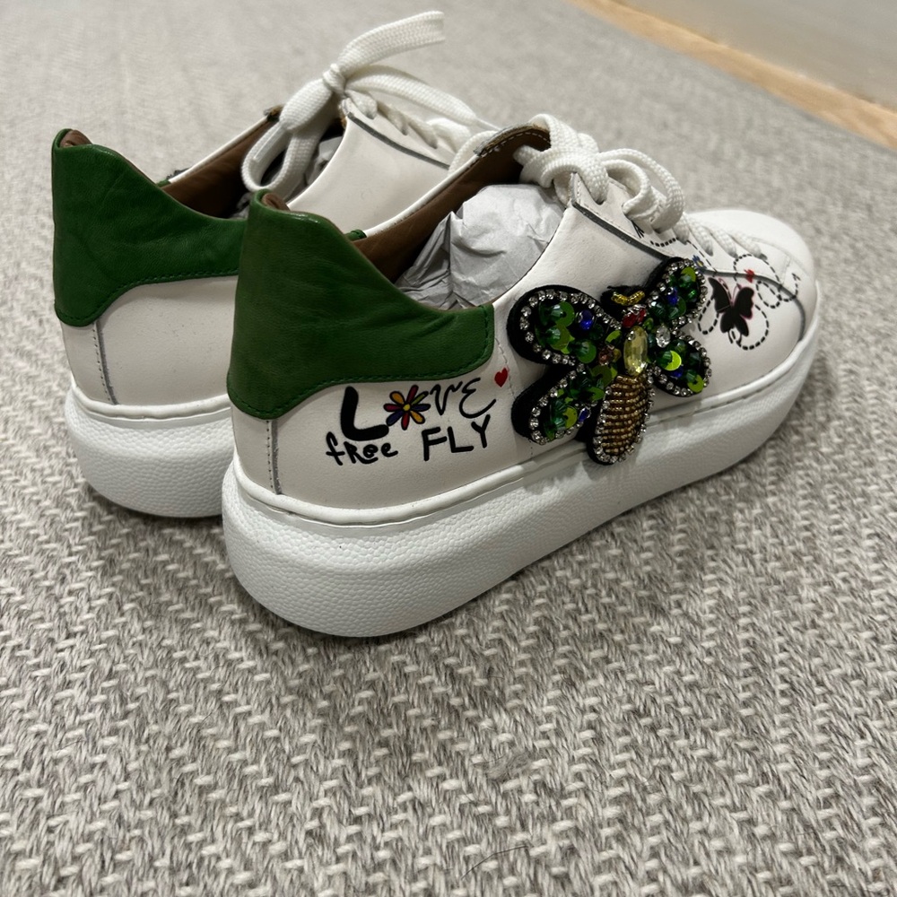 Women's White and Green Sneakers with Embellished Design